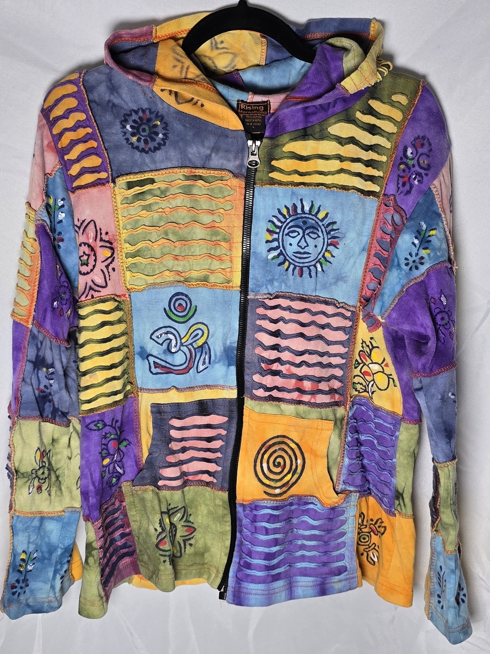 Rising International Patchwork Multicolor Hooded Jacket Boho Sun & Spiral Motif